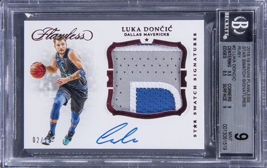 2019-20 Panini Flawless "Star Swatch Signatures" #SS-LDC Luka Doncic Signed Card (#02/15) - BGS MINT 9/BGS 10